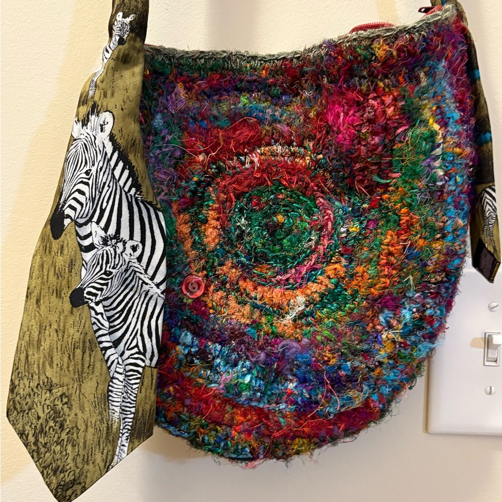 Colorful Fabric Art OOAK Handmade Knit Shoulder Bag Zebra Print silk tie Strap